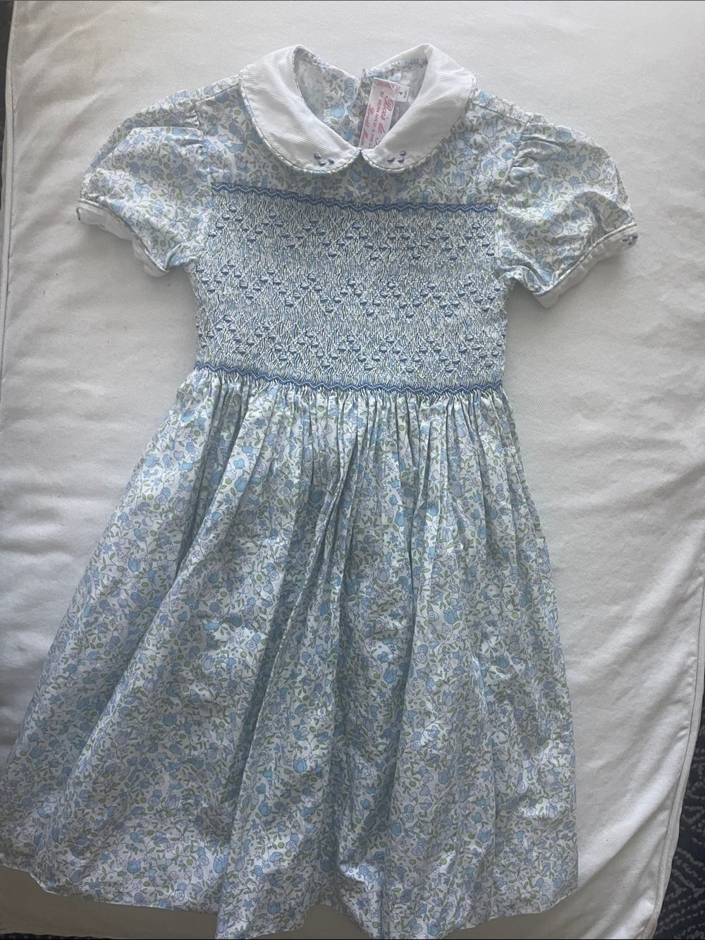 BOIS DE ROSE Girls Size 4 Light Blue and White Smocked Floral Dress Paris